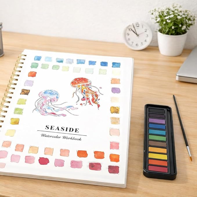 Beginner Watercolor Painting Kit with Seaside Watercolor Workbook, 12 Colors Watercolor Paint Set, Paint Brushes Included, Easy Art Set for Beginners