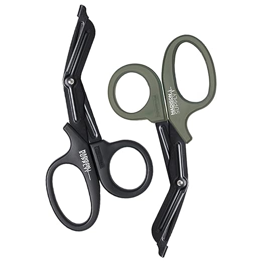 Madison Supply Trauma Shears - 7.5 Inch Green Medical Shears with Quality Stainless Steel, Non-Stick Fluoride-Coated Blades, High-Impact Handles - 2 Pack EMT Nurse Scissors (Black/Green)