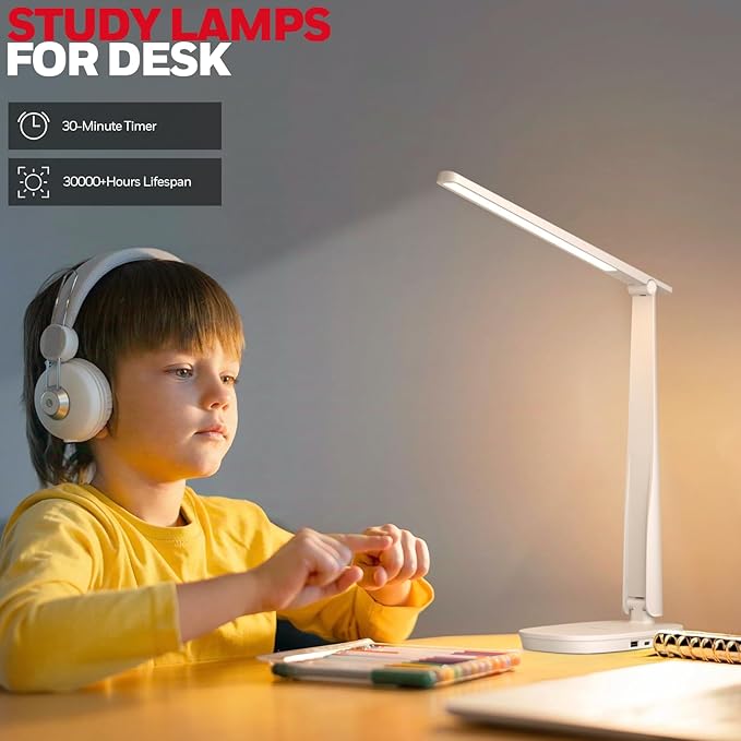 Honeywell LED Desk Lamp for Home Office, Eye-Caring Dimmable Reading Light with 4 Color Modes, Touch Control, USB-A & USB-C Charging Ports, Adjustable Head, Timer for Bedroom & Small Desks