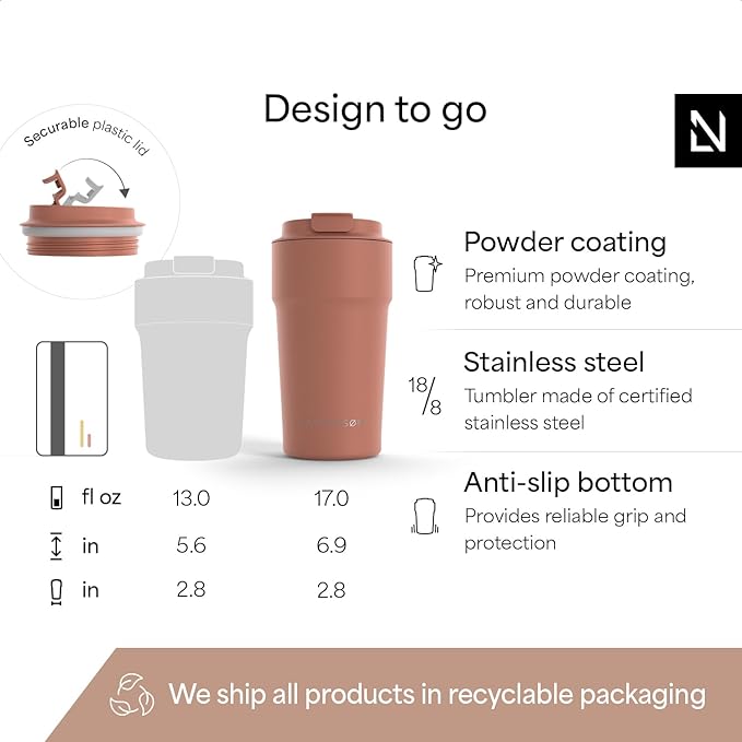 LARS NYSØM Thermo Coffee Mug to go 17oz | Travel Mug 0.5 Liter with Insulation | Silicone grip base | Leak Proof Stainless Steel Tumbler for Coffee and Tea on the Go (Powder Brick Red, 17oz)