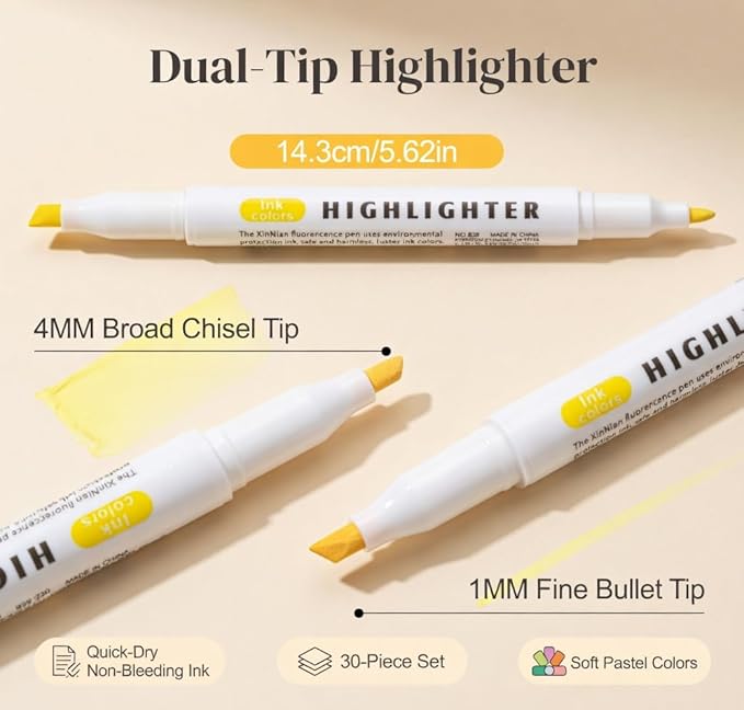 30 Count Dual-Tip Highlighters, 30 Pastel Colors Fine & Bold Tip, Quick-Dry Non-Bleeding Highlighter Markers for Bible Journaling,School,Office,Notes(30 colors highlighters - (Starry Sky+Color))