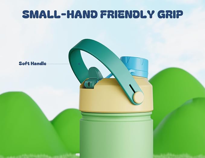 12 oz Kids Insulated Water Bottle for School: 2-in-1 Straw Spout Lid, Leakproof, BPA-Free, Keep Cold 24H, Reusable Stainless Steel Cup for Travel, Camping, Birthday Gift for Boys Girls (Pine Sprout)