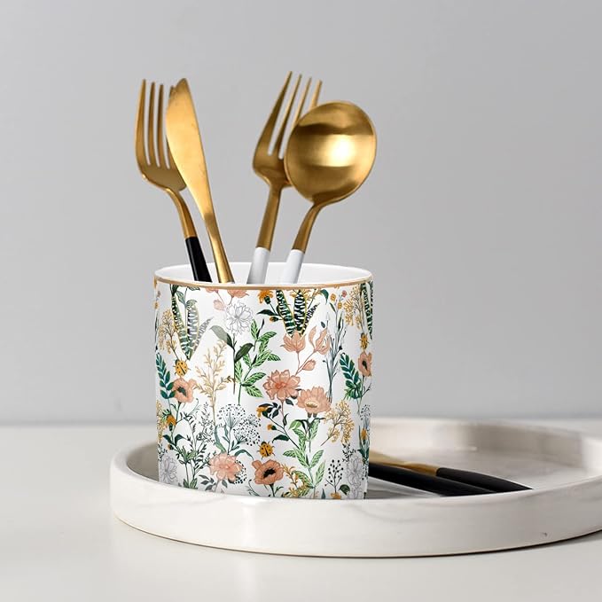 Large Capacity Colored Pen Holder for Desk, Ceramic Pencil Holder Pen Cup Marker Holder Makeup Brush Holders, Desk Accessories & Workspace Organizers for Home, Office, White Flower
