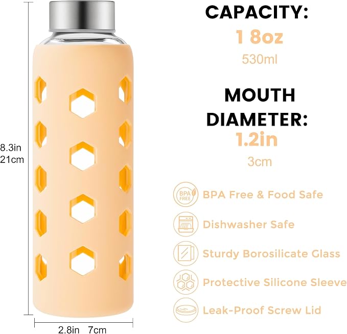 Mrsdry 18 oz Glass Water Bottles with Lids & Silicone Sleeves, 4-Pack | BPA Free, Leak-Proof Reusable Glass Drinking Bottles with Stainless Steel Airtight Cap for Juicing, Dishwasher Safe, Non-Slip