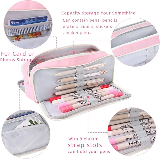 iSuperb 3 Compartments Pencil Case Pouch Big Capacity Pencil Holder for Kids Teen Girls Boys Student School Supplies Oxford Stationery Storage Cosmetic Case (Pink)
