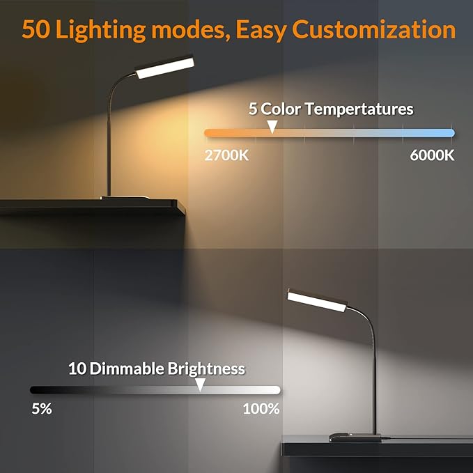 LEPOWER Desk Lamp, 800LM LED for Home Office, 12W Reading for Desk, Eye-Caring Light, Touch Table Gooseneck Lamp, 50 Lighting Modes, Bright for Bedroom, Study (Black)