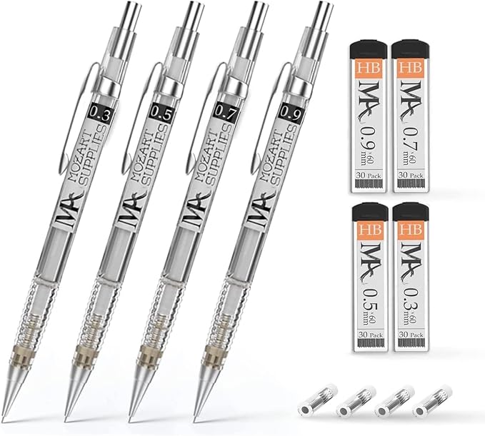 MozArt Mechanical Pencil Set 4 Sizes 0.3 0.5 0.7 0.9mm HB Lead Clear | 30 HB Lead & Eraser Refills – Sketch, Drafting, Art & Drawing for Artists, Students & Architects – Clear Transparent Body