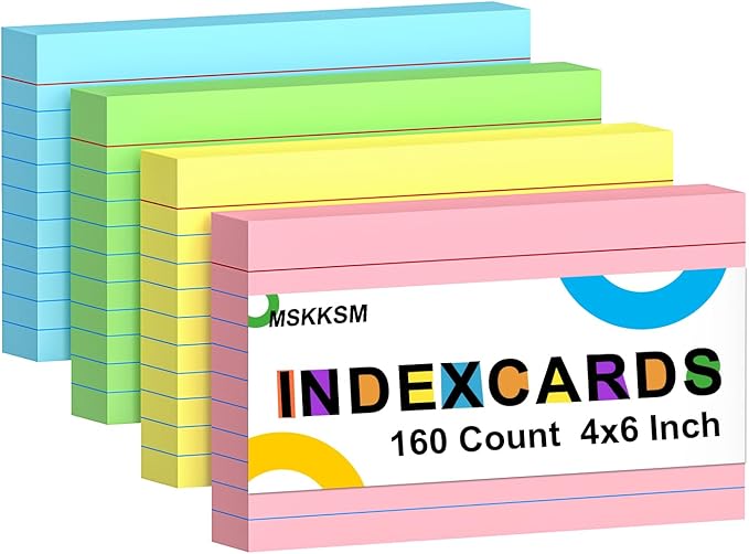 Colored Index Cards 4x6 Inch - 160 Count, Ruled Index Flash Cards for Studying, Lined Index Note Cards 4 x 6 with Colorful, Heavy Colored Flashcards 4x6 Notecards for Office, Home and School Supplies