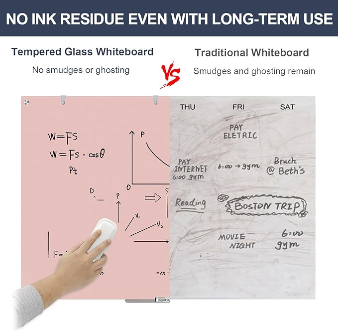 White Board Dry Erase, 48x36 Inches Magnetic Glass Whiteboard, Pink Frameless Glass Dry Erase Board for Wall Office Classroom School Home, 4x3 Feet Large White Board Wall Mounted
