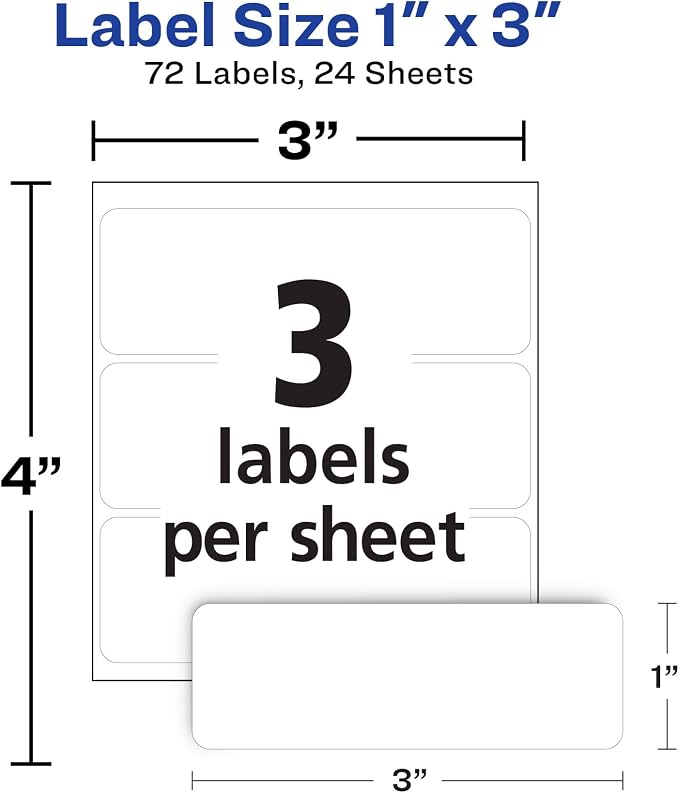 Avery Multi-Use Removable Labels, 1" x 3", White, Non-Printable, 72 Blank Labels Total (6728) (Pack of 2)