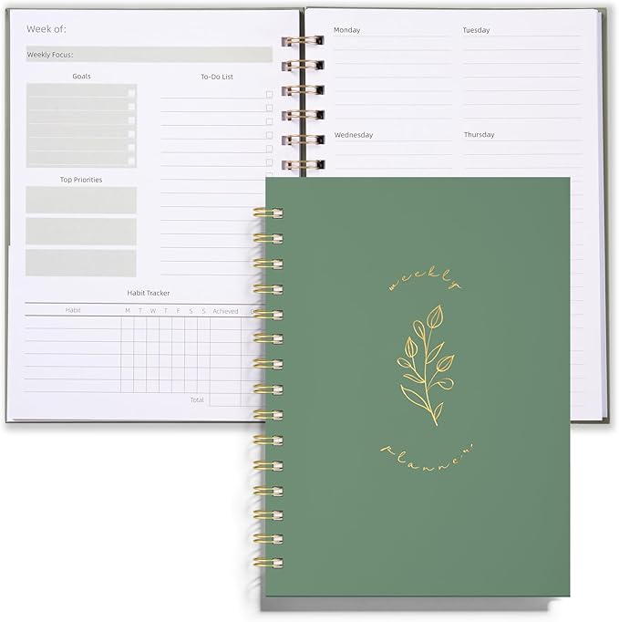 Undated Weekly and Monthly Planner Spiral Bound- Weekly Goals Notebook, To Do List, Habit Tracker Journal, Academic, Aesthetic, Stylish School or Office Supplies(6.1" x 8.4" - Green)