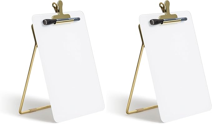 U Brands Glass Dry-Erase Desktop Easel, Tempered Glass, Gold Metal Stand, Removable Clip (Pack of 2)