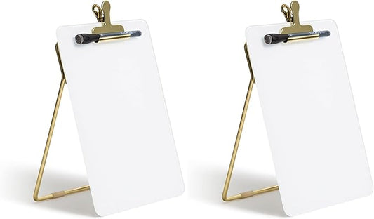 U Brands Glass Dry-Erase Desktop Easel, Tempered Glass, Gold Metal Stand, Removable Clip (Pack of 2)