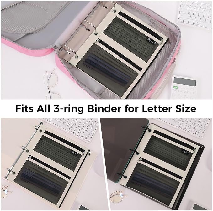 SKYDUE Pencil Pouch for 3 Ring Binder, 3 Pockets and Mesh Window | Zipper Pencil Pouch Pencil Bag with 3 Reinforced Grommets, Durable Organizer for School Supplies, Cables, Earbuds, Makeup