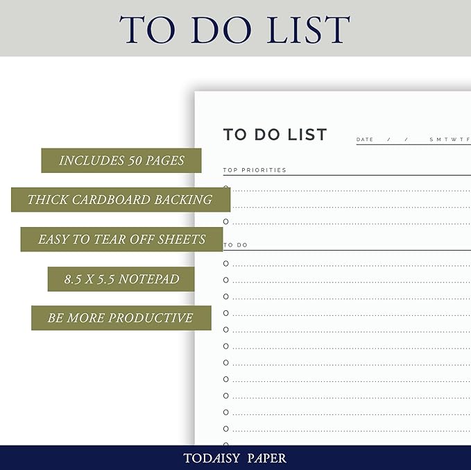 To Do List Planning Pad 5.5 x 8.5" Notepad with Task Organizer includes sections for Top Priorities, To Do List and Follow up For Tomorrow. 50 tear off sheets by Todaisy Paper.
