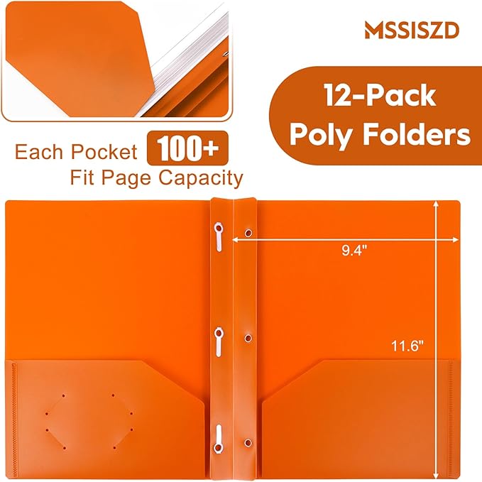 24-Pack Plastic Folders with Pockets and Prongs,2-Pocket Folders with 3 Fasteners, Holds 8-1/2" x 11" Paper for School/Office/Home, Orange
