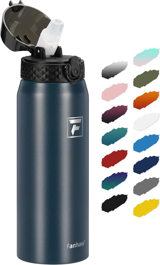 Fanhaw 24 Oz Kids Insulated Stainless Steel Water Bottle with Straw Lid, Leakproof & Anti-Dust Everyday Use Bottle for School, Women & Men, Back to School Essentials (Navy Blue)