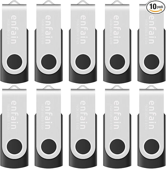 Enfain 16GB USB 2.0 Flash Drive 10 Pack | Swivel Thumb Drives with 31 Labels | Gift-Ready Packaging for Corporate Events, Office & Team Distributions (Black)