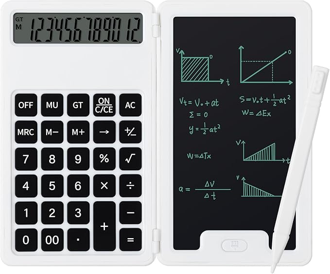 Desk Portable Basic Calculator, Small Mini Calculators with Writing Notepad and Stylus, More Lightweight and Portable, 12Digit Large Display Multi-Function for Office, School, Home & Financial (White)