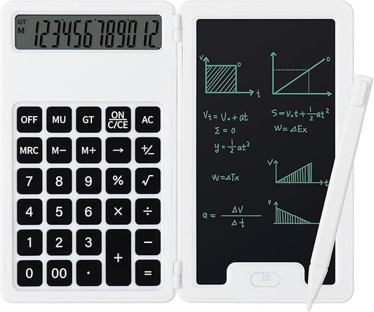 Desk Portable Basic Calculator, Small Mini Calculators with Writing Notepad and Stylus, More Lightweight and Portable, 12Digit Large Display Multi-Function for Office, School, Home & Financial (White)