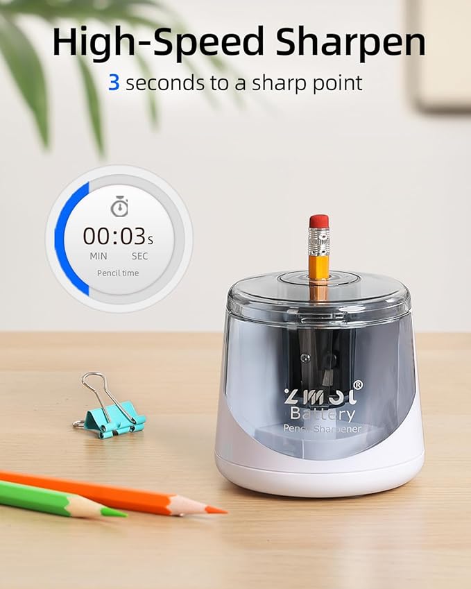 ZMOL Battery Powered Electric Pencil Sharpener,Small Battery Operated Pencil Sharpeners Portable,Fast Sharpen, Suitable for No.2/Colored Pencils(6-8mm), School/Classroom/Office/Home White