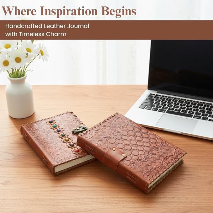 Vintage Leather Journal with Seven Chakra Stones – Handmade Embossed Diary Notebook, 200 Pages 125 GSM Leather Bound Writing Journal for Men & Women, 6x4 Inch