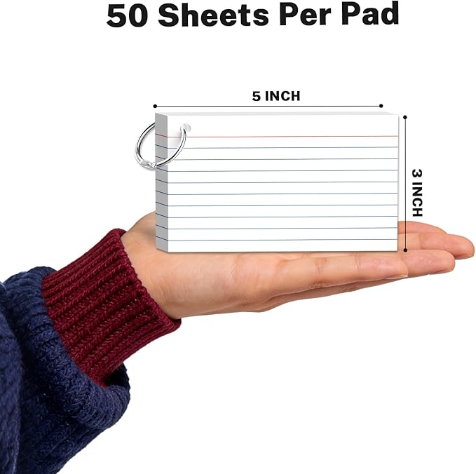 300 Count Index Cards with Ring, 3x5 Inch, 6-Pack of White Ruled Pads, 50 Sheets per Pad, Study & Flash Card School Supplies for Students & Professionals