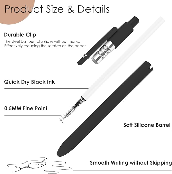 Hapikalor Gel Pens, 0.5mm Black Ink Pens Fine Point Smooth Writing Pens, High-End Series Metal Clip Retractable Pens for Journaling Note Taking, College Supplies (6pcs Black Gray White)