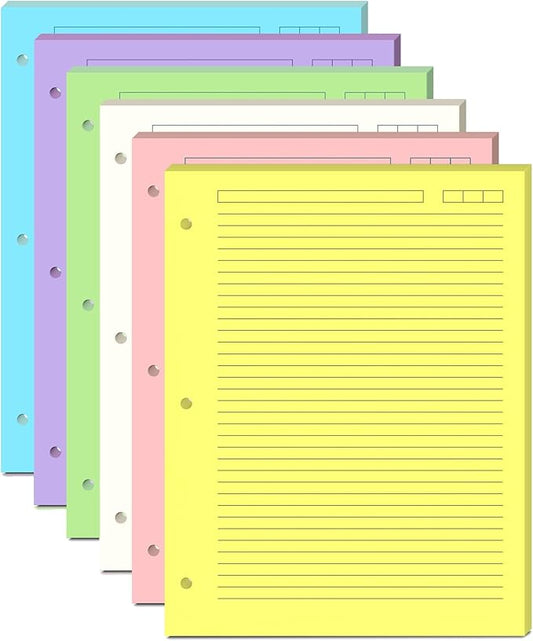 Colored Filler Paper – 8.5” x 11” College Ruled, 120 Sheets (6 Colors), 3-Hole Punched – Loose Leaf Refill for Binders, School, Planning & Journaling