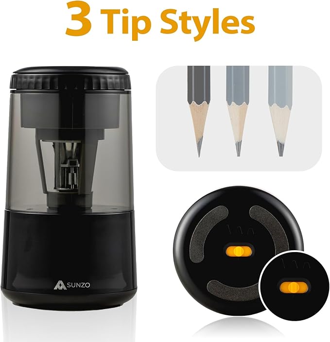SUNZO Electric Automatic Pencil Sharpener, auto feed, hands free, electronic, rechargeable battery powered, small & portable, for colored pencil, for office & classroom (Black)