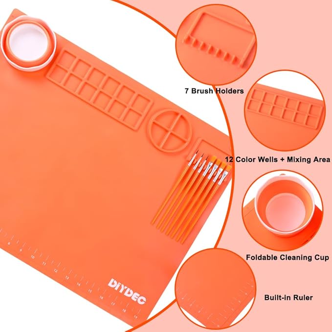 DIYDEC Silicone Craft Mat for Kids 20X16 Inch Large Painting Mat with Detachable Cup &10 Painting Brushes Silicone Art Mat for Boy Girl DIY Gift Accessories (Orange)