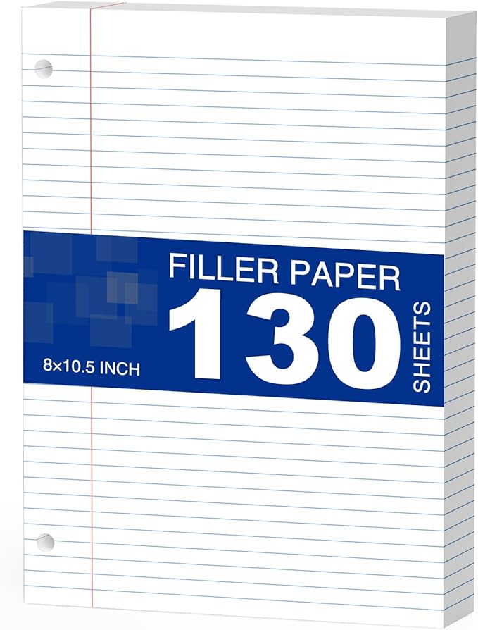 White Loose Leaf Paper 130 Sheets Filler Paper 8 * 10.5 College Ruled 3-Hole Punched for 3-Ring Binders Notebook Lined 8" x 10.5"