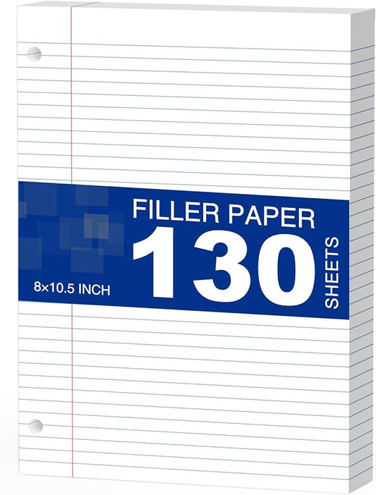 White Loose Leaf Paper 130 Sheets Filler Paper 8 * 10.5 College Ruled 3-Hole Punched for 3-Ring Binders Notebook Lined 8" x 10.5"