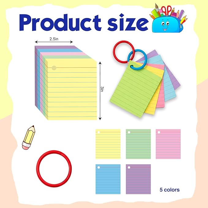 Colored Mini Index Cards 3 x 2.5 Inch,Lined Flash Cards with Soft Ring, 200 Count, Assorted Colored Note Cards for Studying, School, College, Memory Games