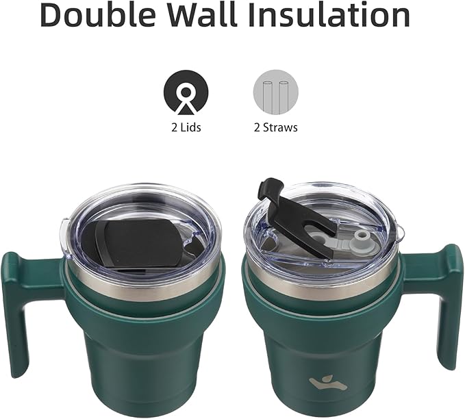 Konokyo 10 oz Tumbler with Handle and 2 Straw 2 Lid, Insulated Water Bottle Stainless Steel Vacuum Cup Reusable Travel Mug,Army Green