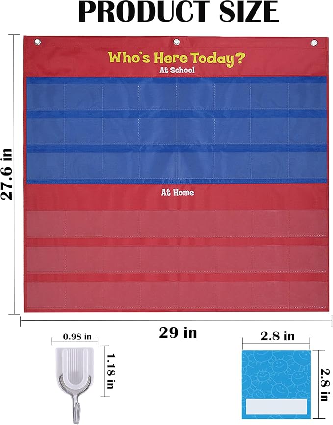 Attendance Pocket Chart for Preschool Classroom Wall Organization, Who is Here Today Pocket Charts for Teachers Clearance, Kindergarten Kids Daycare Teaching Supplies, 72 Cards and 3 Hooks Included