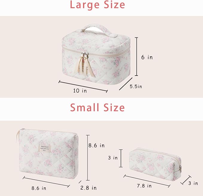 uekeboag Large Travel Quilted Makeup Bag for Women | Soft Floral Cotton Cosmetic Bag, Foldable Coquette Aesthetic Toiletry Organizer