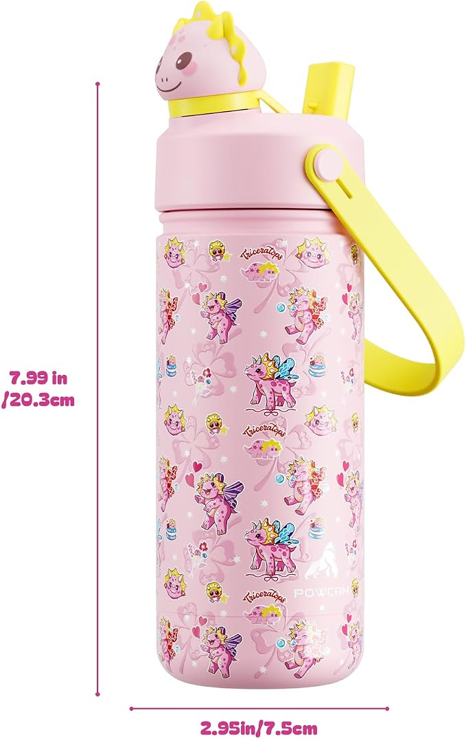 POWCAN 18 oz Kids Water Bottle: 2-in-1 Straw Spout Lid with Soft Animal Head, Leakproof, Backpack Friendly, Keep Cold 24H, Cute Patterns, Insulated Cup for School, Playtime, Trip, Gift (Lovely Trike)