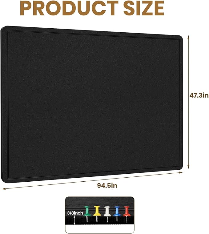 Extra Large Bulletin Board, 95 X 47 inches Cork Board with 30 Pushpin, 8' x 4' Felt Cork Board Notice Pin Board, Self-Adhesive Vision Board Mood Board Foldable Photo Board for Wall - Black