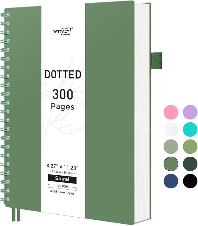 RETTACY Dotted Journal Notebook, 300 Pages, A4 Large Size (8.2'' × 11.2''), 100 GSM Thick Paper, Flexible Plastic Cover, Spiral-bound, for Journaling, Planning, Tracking (Dark Green)