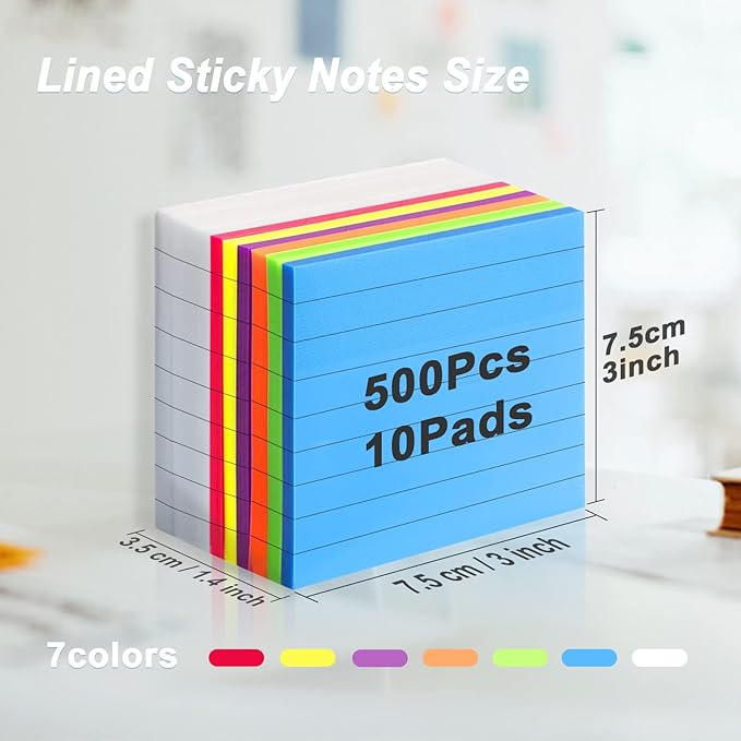 MIUTME Lined Sticky Notes Transparent, 7 Colors Bright Self Sticky Notes Clear Pad, Waterproof Translucent Memo with Line (3X3 inch, 500Pcs)