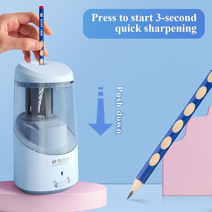 M&G Blue Electric Pencil Sharpener, Portable Automatic Pencil Sharpener for Colored Pencils, Auto Stop, Super Sharp & Fast, USB Operated for 6-8mm Pencils for Kids, School, Office, Home (Blue)