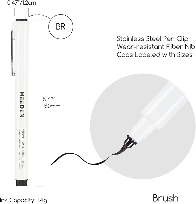 MEEDEN Micro Fineliner Drawing Pens: 0.8-2mm Brush Nib, 6 Pack, Black Ink