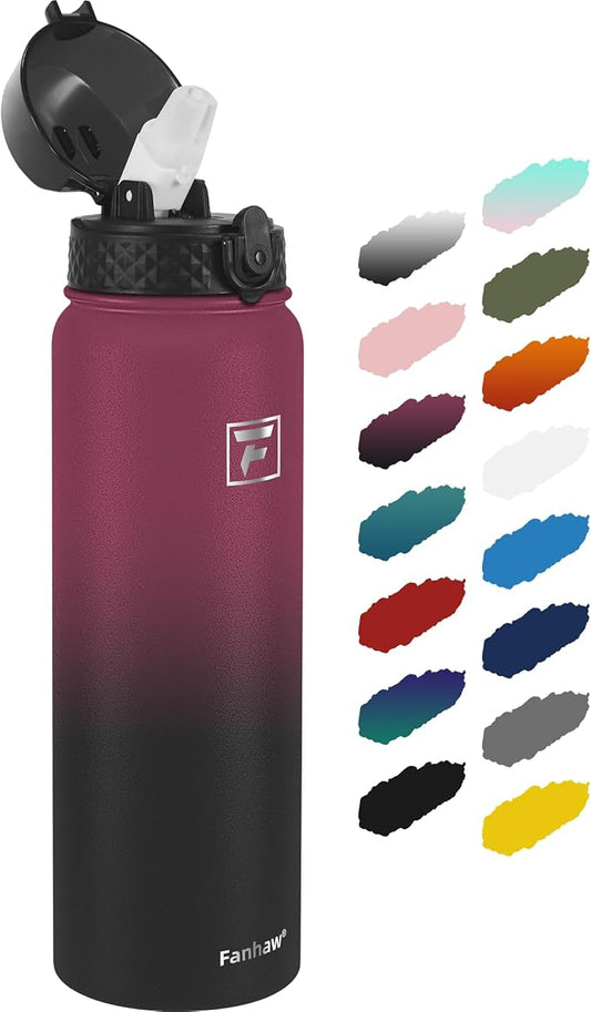Fanhaw 32 Oz Kids Insulated Stainless Steel Water Bottle with Straw Lid, Leakproof & Anti-Dust Everyday Use Bottle for School, Women & Men, Back to School Essentials (Red Black)
