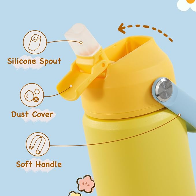 Kerilyn 12oz Kids Water Bottle, Stainless Steel Insulated Water Bottle For Kids, Toddler Cup With Straws Leak-proof, Kids Water Bottles For School Boys Girls, BPA Free, Yellow