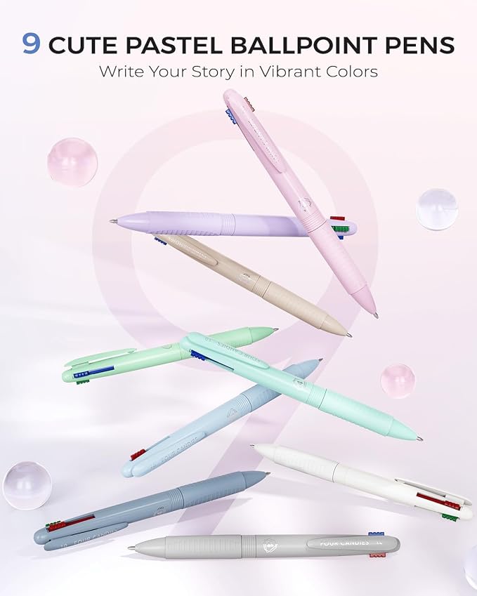 Four Candies Multicolor Pens, 4-in-1 Retractable Gel Ink Pens, 9 Count | Retractable Multi Color Pens Fast Dry, Smooth Writing for Planners and Journaling, Nurse Accessories for Work