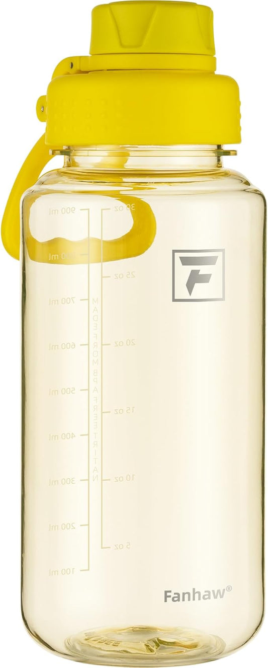 Fanhaw 32 oz Clear BPA-Free Tritan Water Bottle with Fast-Flow Spout Lid, Leakproof Wide-Mouth Reusable Bottle for Gym, School & Office (Imperial Yellow)