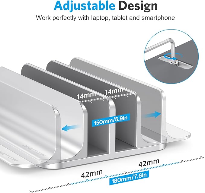 OMOTON Vertical Laptop Stand [Updated Double Version], Desktop Aluminum Mac Book Stand with Adjustable Dock Size, Fits All Mac Book, Surface, Chrome Book and Gaming Laptops (Up to 17.3 inch) (Silver)