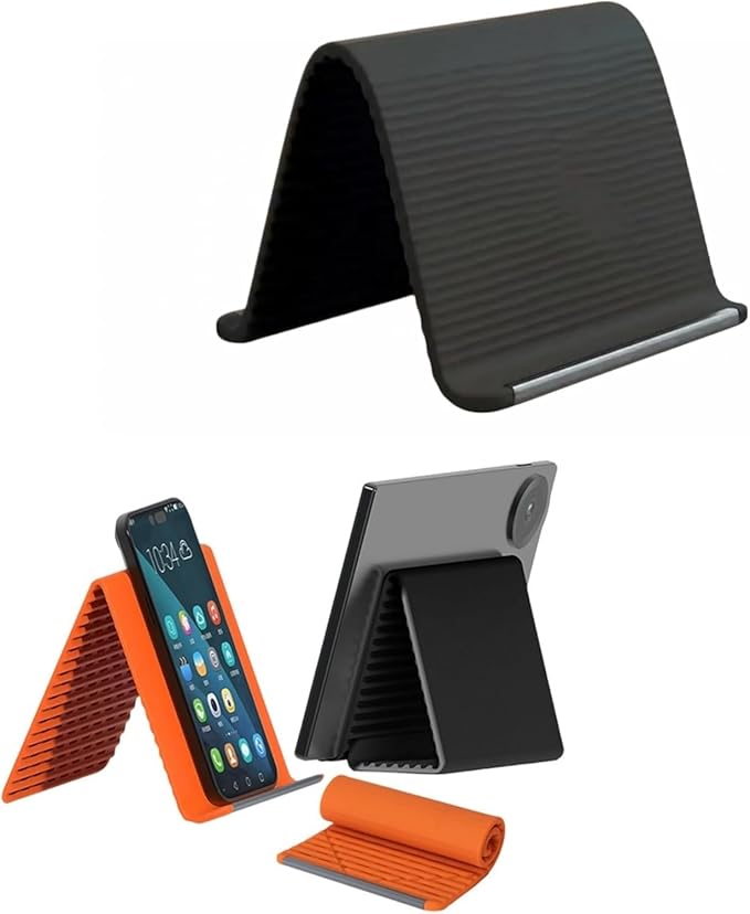 Silicone Phone Stand with Aluminum, Flexible Foldable Phone Holder, Bendable Adjustable Anti-Slip Desktop Stand for Phone Tablet Laptop, Portable Rollable Multi-Angle Stand for Home (Black)