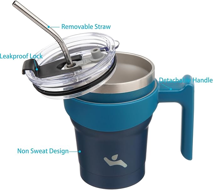 Konokyo 10 oz Tumbler with Handle and 2 Straw 2 Lid, Insulated Water Bottle Stainless Steel Vacuum Cup Reusable Travel Mug,Indigo Black